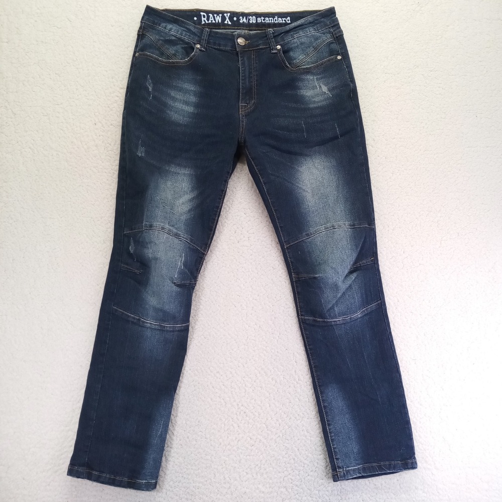 Raw X‎ Standard Mens Dark Wash Distressed Straight Leg Moto Jeans 34x30 Blue